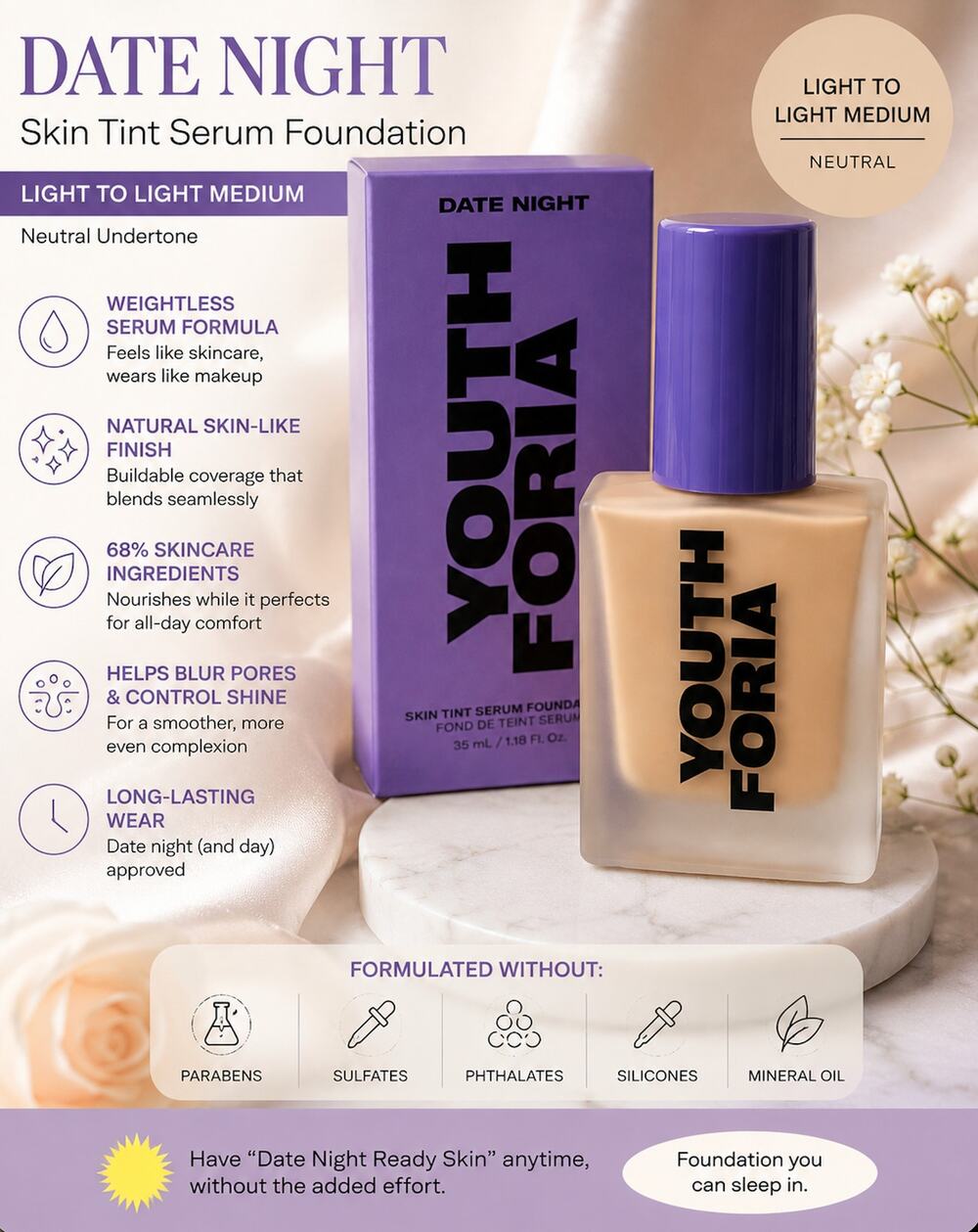 Youthforia Date Night Skin Tint Serum Foundation 245 Light Medium NIB